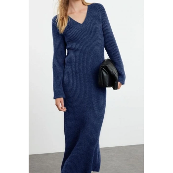 Moda Stil Regular V Yaka Maxi Boy Triko Yünlü Basic Elbise