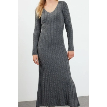 Moda Stil Regular V Yaka Maxi Boy Triko Saç Örgü Basic Elbise