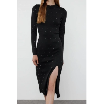 Moda Stil Regular Bisiklet Yaka Midi Boy Triko Taş İşlemeli Elbise