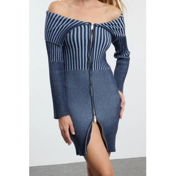 Moda Stil Slim Devrik Yaka Mini Boy Triko Premium İplik Özel İplik Yıkama Efektli Elbise