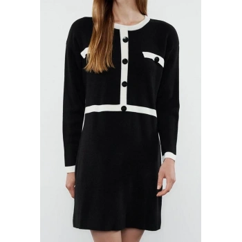 Moda Stil Regular Bisiklet Yaka Mini Boy Triko Renk Bloklu Elbise