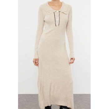 Moda Stil Regular Polo Yaka Midi Boy Triko Çizgili Biye Detaylı Elbise