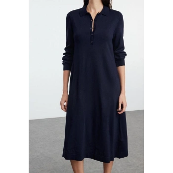 Moda Stil Regular Polo Yaka Midi Boy Triko Elbise