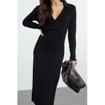 Moda Stil Regular Kruvaze Midi Boy Triko Düz Elbise