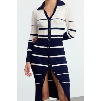 Moda Stil Slim Polo Yaka Midi Boy Triko Renk Bloklu Çizgili Elbise