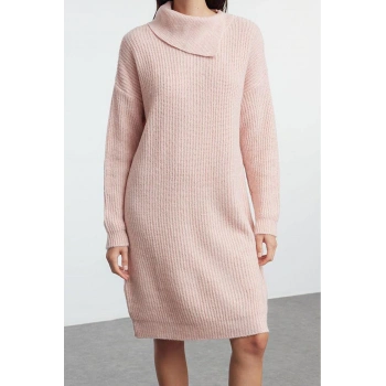 Moda Stil Regular Devrik Yaka Mini Boy Triko Yumuşak Dokulu Elbise