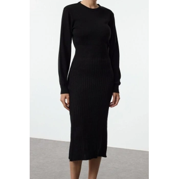 Moda Stil Regular Bisiklet Yaka Midi Boy Triko A-Line Formda Elbise