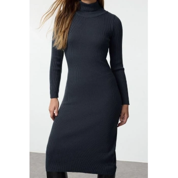 Moda Stil Regular Balıkçı Yaka Midi Boy Triko Basic Elbise