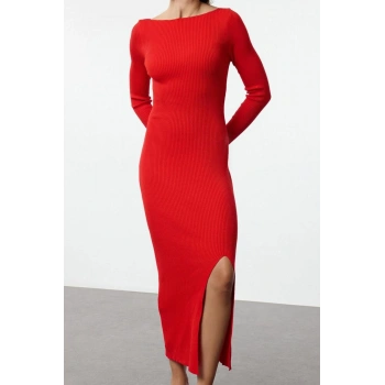 Moda Stil Regular Bisiklet Yaka Maxi Boy Triko Sırt Dekolteli Elbise