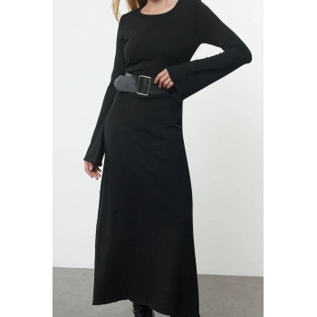 Moda Stil Regular Bisiklet Yaka Maxi Boy Triko Kemerli Elbise