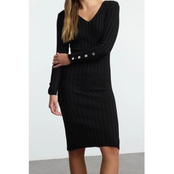 Moda Stil Regular V Yaka Midi Boy Triko Basic Elbise