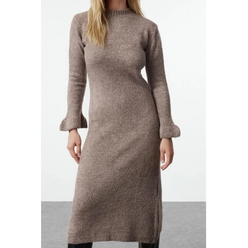 Moda Stil Regular Bisiklet Yaka Midi Boy Triko Buklet Elbise