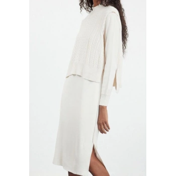 Moda Stil Regular Dik Yaka Midi Boy Triko Kazak-Elbise Takım