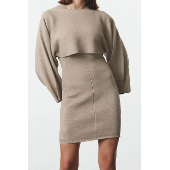 Moda Stil Slim Bisiklet Yaka Mini Boy Triko Bolero-Elbise Takım