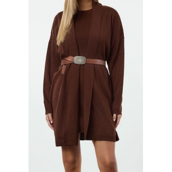 Moda Stil Regular Bisiklet Yaka Mini Boy Triko Elbise-Hırka