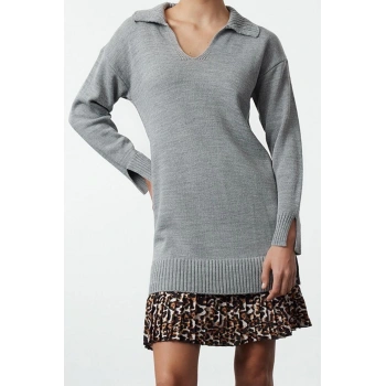 Moda Stil Regular Polo Yaka Mini Boy Triko Garnili Elbise