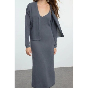 Moda Stil Slim V Yaka Midi Boy Premium İplik Özel İplik Triko Hırka- Elbise Takım