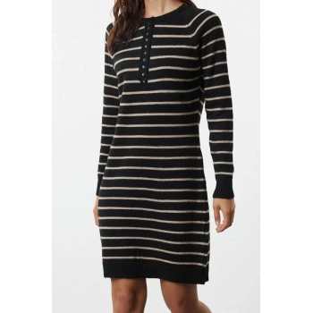 Moda Stil Regular Bisiklet Yaka Mini Boy Çizgili Triko Yumuşak Dokulu Elbise