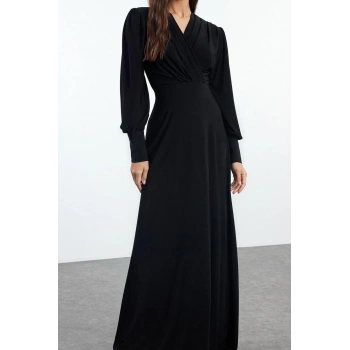 Moda Stil Regular Kruvaze Maxi Boy Düz Örme Elbise