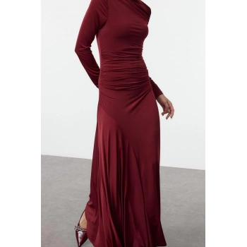 Moda Stil Slim Dik Yaka Maxi Boy Fitted Vücuda Oturan Uzun Kollu Esnek Örme Elbise