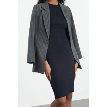 Moda Stil Slim Dik Yaka Midi Boy Fitted Vücuda Oturan Uzun Kollu Fitilli Esnek Örme Elbise