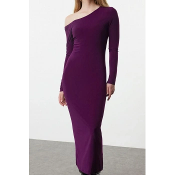 Moda Stil Fitted Asimetrik Yaka Maxi Boy Düz Detaylı Vücuda Oturan Esnek Örme Elbise