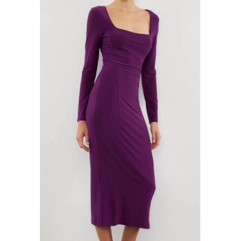 Moda Stil Fitted Kare Yaka Midi Boy Düz Vücuda Oturan Esnek Örme Elbise