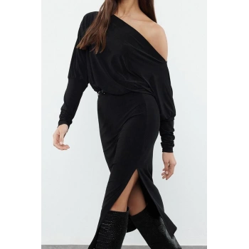 Moda Stil Slim Asimetrik Yaka Midi Boy Düz Asimetrik Tek Kol Belden Oturtmalı Esnek Örme Elbise