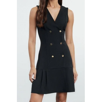 Moda Stil Regular Ceket Yaka Mini Boy Pilise Detaylı Dokuma Ceket Elbise