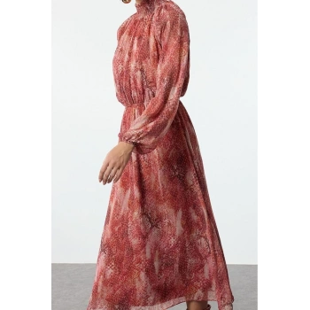 Moda Stil Regular Dik Yaka Midi Boy Şal Desen Gipeli Astarlı Dokuma Kışlık Elbise