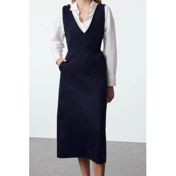 Moda Stil Regular V Yaka Midi Boy Jile Dokuma Elbise