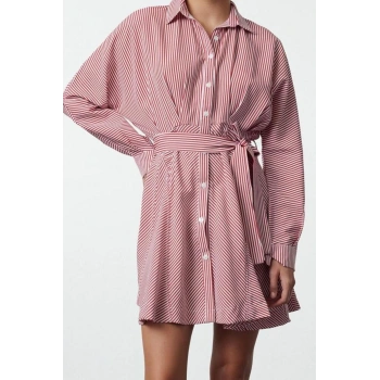 Moda Stil Regular Gömlek Yaka Mini Boy Kuşaklı Çizgili Dokuma Gömlek Elbise