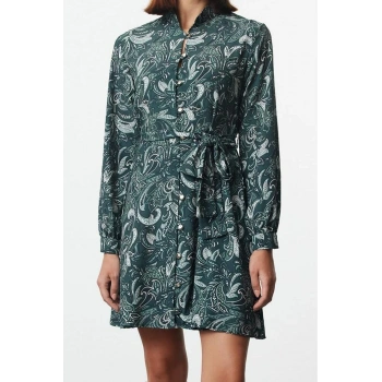 Moda Stil Regular Gömlek Yaka Mini Boy Kuşaklı Şal Desen Astarlı Dokuma Gömlek Elbise