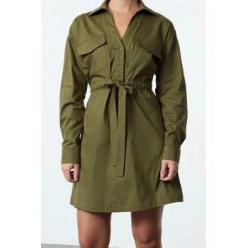 Moda Stil Regular Gömlek Yaka Mini Boy Belden Açılan Tünel Detaylı Pamuklu Dokuma Elbise