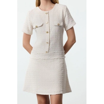 Moda Stil Regular Bisiklet Yaka Mini Boy A Kesim Düğme Detaylı Tüvit Dokuma Elbise