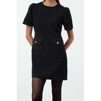 Moda Stil Regular Bisiklet Yaka Mini Boy A Kesim Cep Detaylı Dokuma Elbise