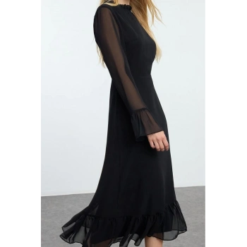 Moda Stil Regular Dik Yaka Midi Boy Desenli A Kesim Astarlı Şifon Dokuma Kışlık Elbise