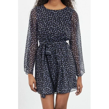 Moda Regular Mini Boy Puantiye Desenli Eteği Belden Açılan Astarlı Dokuma Şifon Kışlık Elbise