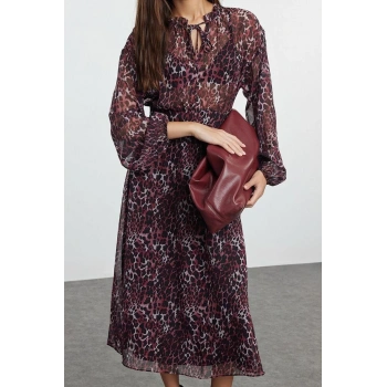 Moda Stil Regular Bisiklet Yaka Midi Boy Çiçekli Eteği Belden Açılan Astarlı Dokuma Kışlık Elbise