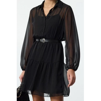 Moda Regular Gömlek Yaka Mini Boy Kemerli Eteği Belden Açılan Astarlı Şifon Dokuma Kışlık Elbise