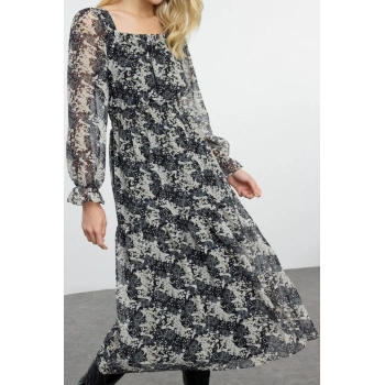 Moda Stil Regular Kare Yaka Maxi Boy Çiçek Desenli Skater Belden Açılan Dokuma Şifon Astarlı Elbise