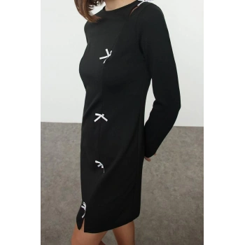 Moda Stil Slim Bisiklet Yaka Mini Boy Düz Fiyonk Detaylı Bodycone Vücuda Oturan Esnek Örme Elbise