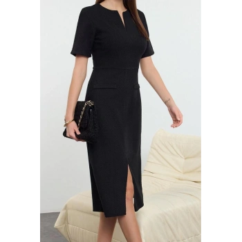 Moda Stil Regular Bisiklet Yaka Midi Boy Kuşaklı A Kesim Tüvit Dokuma Elbise