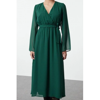 Moda Stil Regular Kruvaze Maxi Boy Kuşaklı A Kesim Yaka Astarlı Şifon Dokuma Elbise