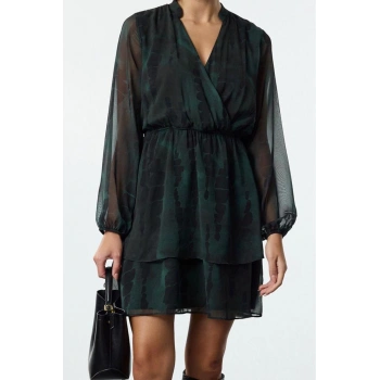 Moda Stil Regular Kruvaze Mini Boy Soyut Desen Yaka Skater Belden Açılan Astarlı Şifon Dokuma Elbise