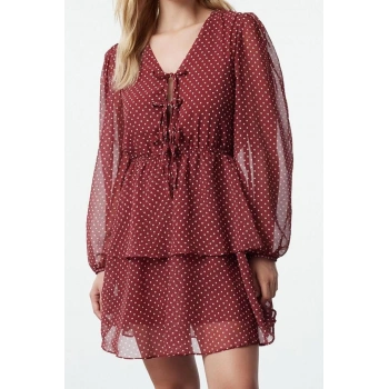 Moda Regular V Yaka Mini Boy Desenli Eteği Belden Açılan Fiyonk Yaka Detaylı Şifon Dokuma Elbise