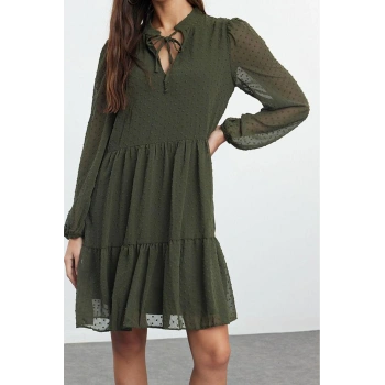 Moda Stil Regular Dik Yaka Mini Boy Düz Geniş Kesim Puantiye Şifon Kumaşlı Dokuma Kışlık Elbise