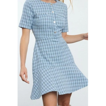 Moda Stil Regular Bisiklet Yaka Mini Boy Eteği Belden Açılan Tüvit Dokuma Elbise