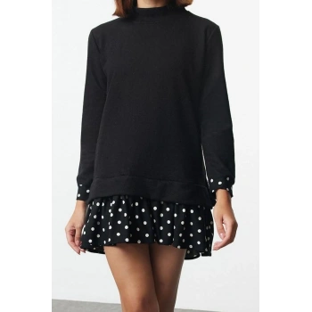 Moda Stil Regular Bisiklet Yaka Mini Boy Selanik Puantiyeli Örme Elbise