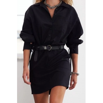 Moda Stil Regular Gömlek Yaka Mini Boy Limited Edition Kemerli Dokuma Elbise